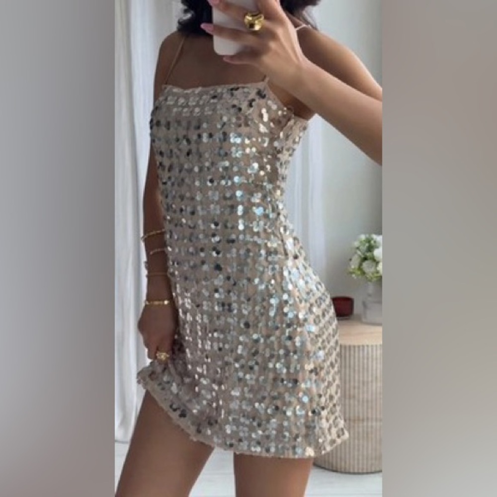 Zara Silver Sequin Beige Square Neck Mini Dress- Small - Picture 15 of 16